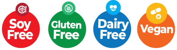badges showing: soy free, gluten free, dairy free and vegan